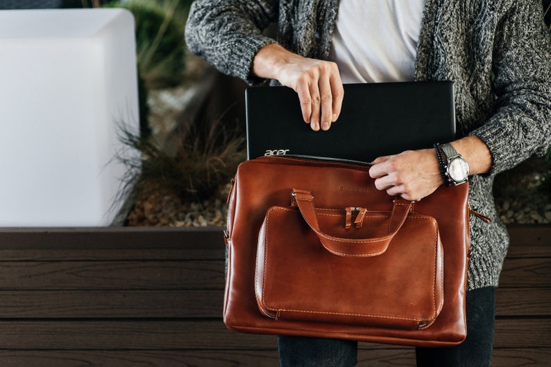 Cognac leather laptop briefcase men office bag computer | Etsy