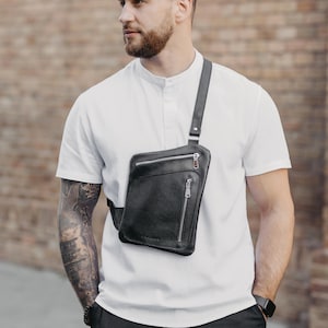 Mens Leather Sling Bag for Travel, Slim Grainy Leather Crossbody Pack, Chest Bag for Hiking, Lightweight Everyday Bag