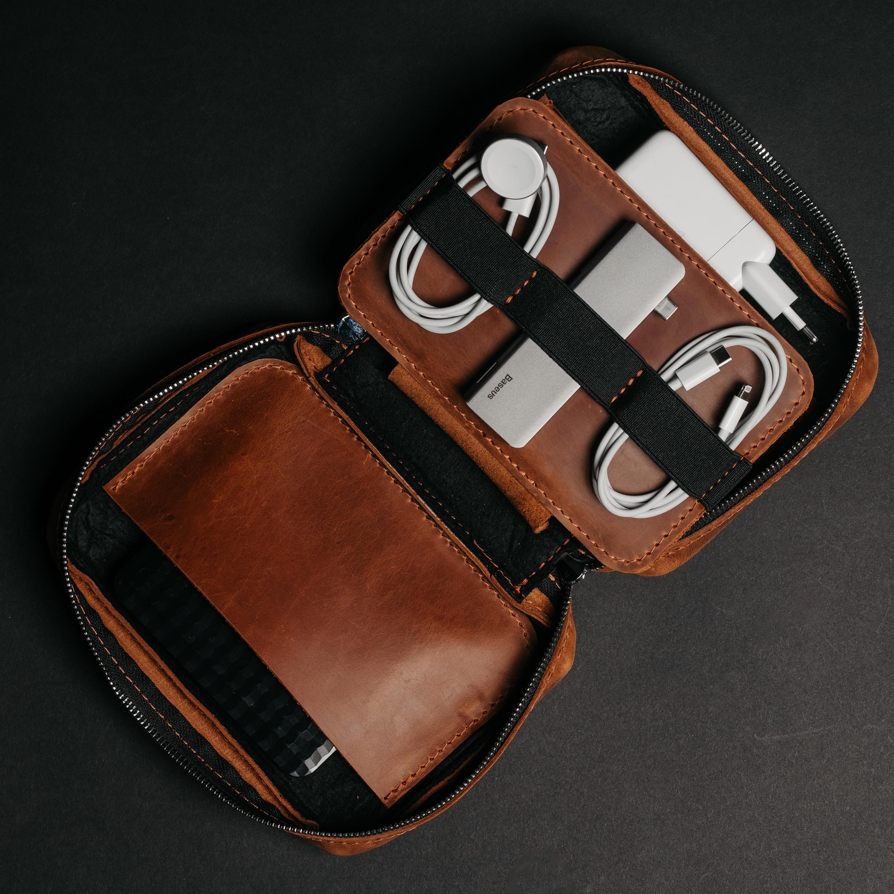 Leather Electronics Organizer Case, Tech Accessories Storage, Charger Holder, Gadget Travel Bag, Anniversary Gift, Gift for Him