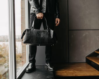 Benutzerdefinierte schwarze Duffle Ledertasche für Männer, Reise-Sporttasche, Wochenend-Reisetasche, Herren-Duffel, handgefertigte Weekender-Reisen-Turntasche