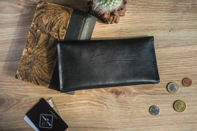 Cartera larga para tarjetas con bolsillo para monedas, bolsa de viaje personalizada para hombre, monedero negro con cremallera y asa, cartera de motociclista plegable, billetera delgada grabada imagen 6