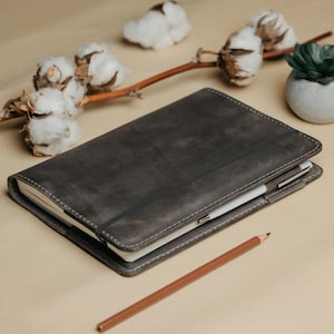 May include: A dark gray leather journal with a pen and pencil. The journal is closed with an elastic band. A brown pencil rests on the surface. Cotton bolls and a small succulent plant are in the background.