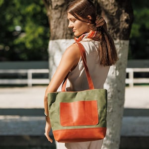 Waxed Canvas and Leather Tote Bag, Durable Everyday Shopper, Water-Resistant Shoulder Bag, Lightweight Handcrafted Market Tote