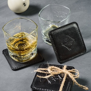 Custom Leather Coasters, Black Monogram Cup Holder, Square Drink Coaster Set, Bar Home Decor, Personalized Gift,  Gift Ideas