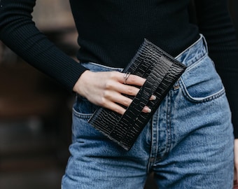 Schwarzes Portemonnaie aus echtem Leder für Damen, Münzbörse, handgefertigtes minimalistisches Portemonnaie, kleines Portemonnaie, Geschenk für die Schwester