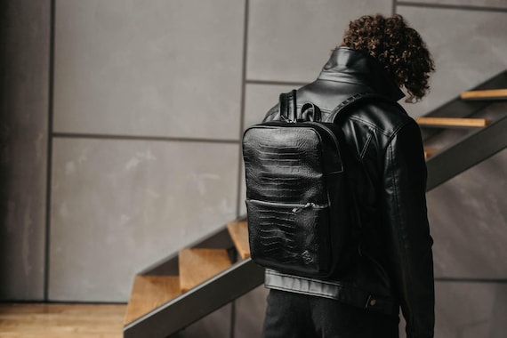Black Cayman Leather Urban Style Backpack for Men, Minimalist Travel Bag,  Laptop Rucksack, City Daypack, Everyday Rucksack, Gift For Him