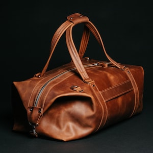 Handcrafted Brown Leather Duffel Bag, Custom Weekend Travel Bag, Handmade Overnight Duffle, Gift for Brother