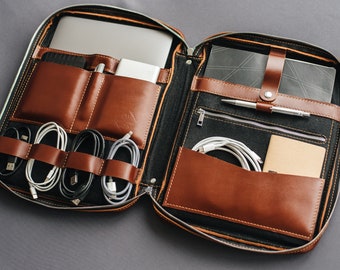Mens leather organizer, custom business portfolio, cognac cord holder, cable & laptop case, Women gift