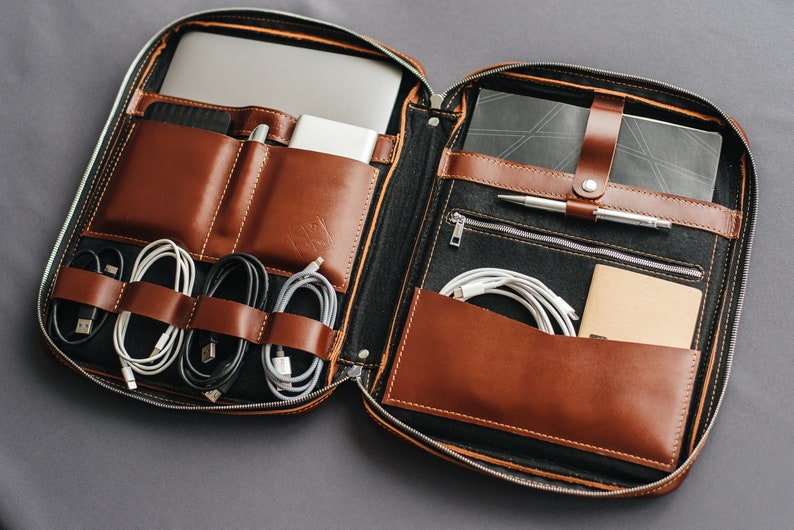 Mens leather organizer, custom business portfolio, cognac cord holder, cable & laptop case 