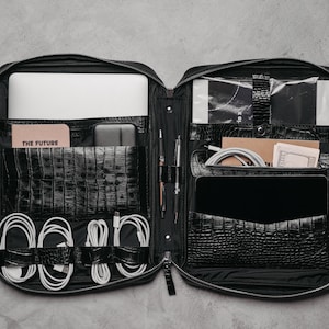 Cartella portaoggetti in pelle Cayman nera, porta laptop, organizer per portfolio, portacavi, articoli per ufficio, regalo di Pasqua