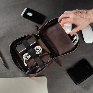 Travel Cable Organizer Bag, Leather Electronics Accessories Case, Charger Storage Pouch, Cord Organizer for Travel