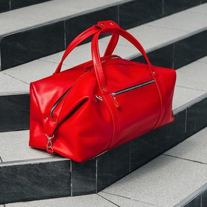 Leather duffle bag, overnight or weekend red bag, gym or travel bag, large sport bag image 2