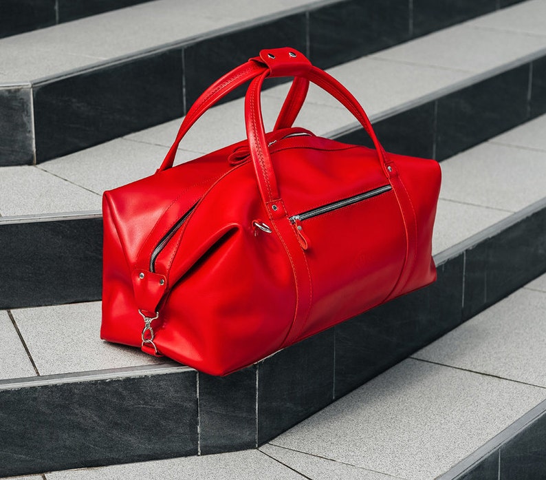 Leather duffle bag, overnight or weekend red bag, gym or travel bag, large sport bag image 2