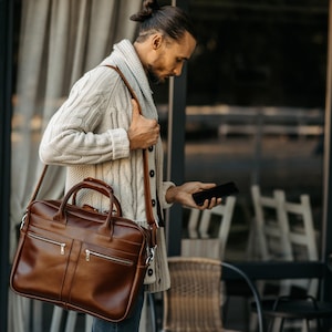 Braune Leder Aktentasche, Personalisierte Echt Leder Herren Aktentasche Laptoptasche Messenger Bag Büro