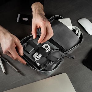 Leather Tech Dopp Kit Organizer for Cables and Gadgets, Travel Electronics Case, Cable Storage Pouch, Gift for Him