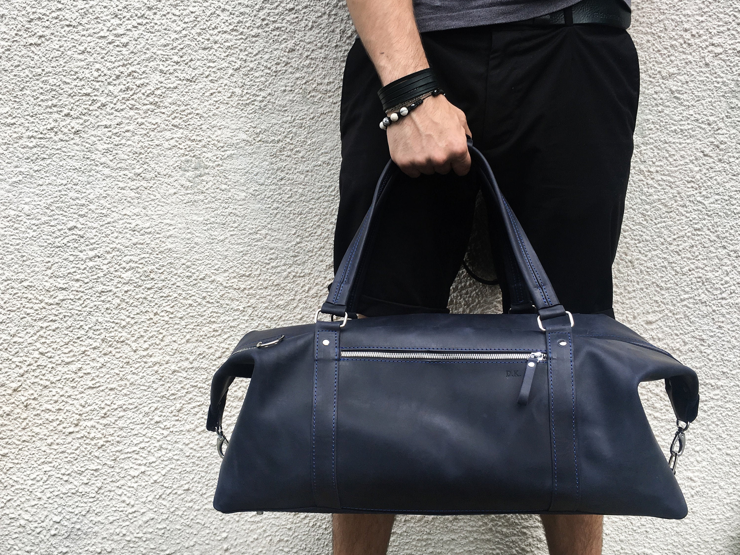 Men s Duffle Bag Navy Blue Travel Handbag Leather Weekender