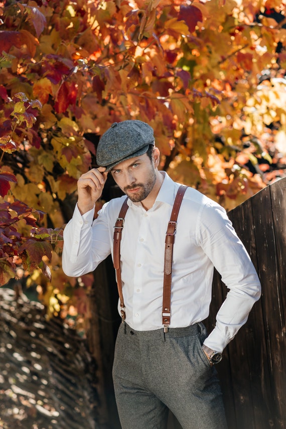 Cognac Leather Suspenders. Groom and Groomsmen Leather Bracers