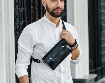 Travel crossbody bag, men black waist purse, hip bum handbag, belt leather pouch, men gift