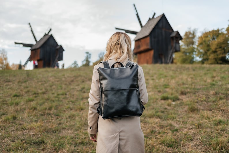Laptop leather backpack personalized black travel bag women school or college rucksack men work office backpack