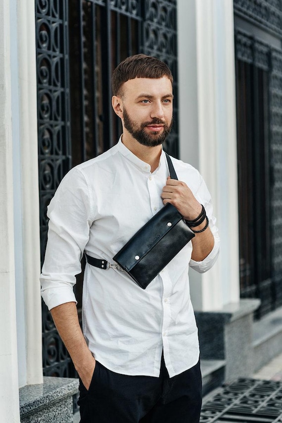 Travel Crossbody Bag, Men Black Waist Purse, Hip Bum Handbag
