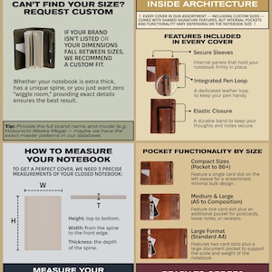 The image is a guide that provides information on how to measure a notebook based on its size and features. It includes a visual representation of a notebook and instructions on how to measure it using a ruler.