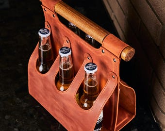 Porte-bière en cuir rustique : manche en bois, 6 porte-bouteilles
