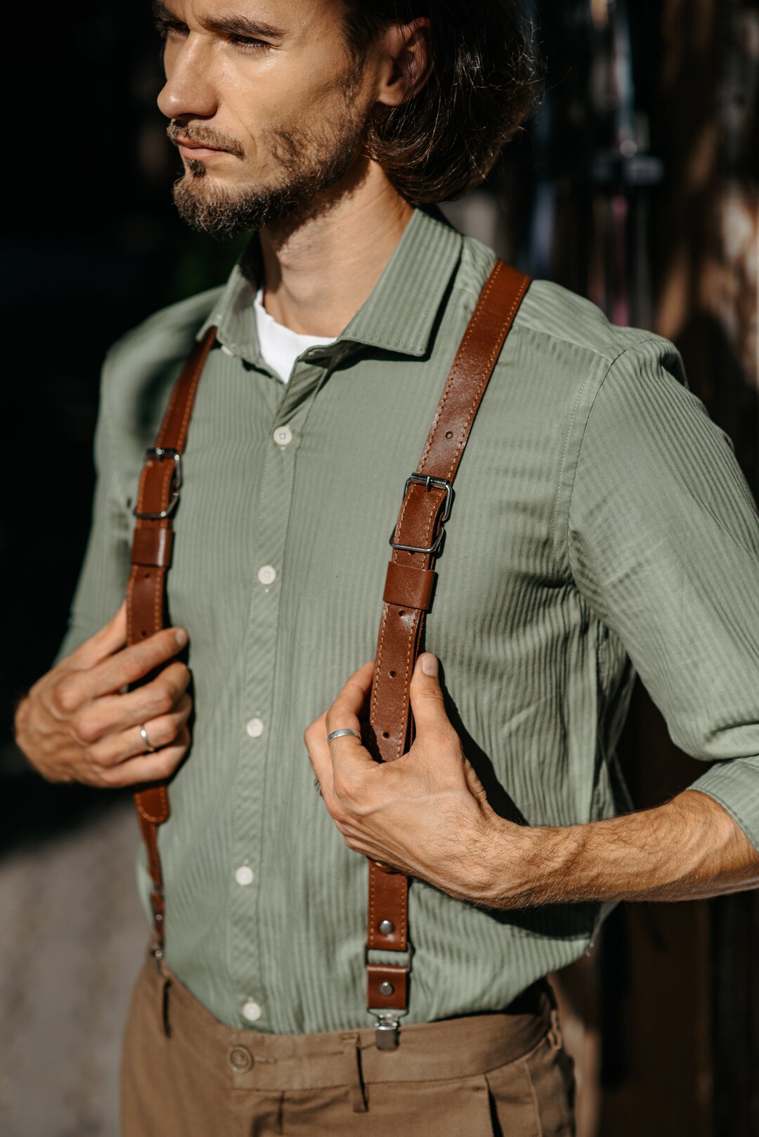 Real Leather Mens Brown Suspenders. Bracers for Groom and Groomsmen