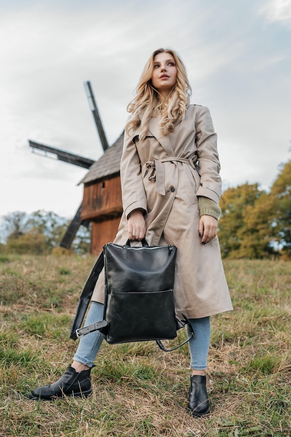 Laptop Leather Backpack, Personalized Black Travel Bag, Women