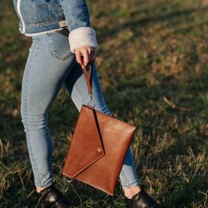 Umschlag Clutch Tasche, Cognac Leder Dokumententasche, Papierordner Halter, Laptop Büro Handtasche, Arbeitsmappe Handtasche