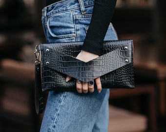 Black Envelope Clutch Bag With Handle, Leather Purse, Bridesmaid