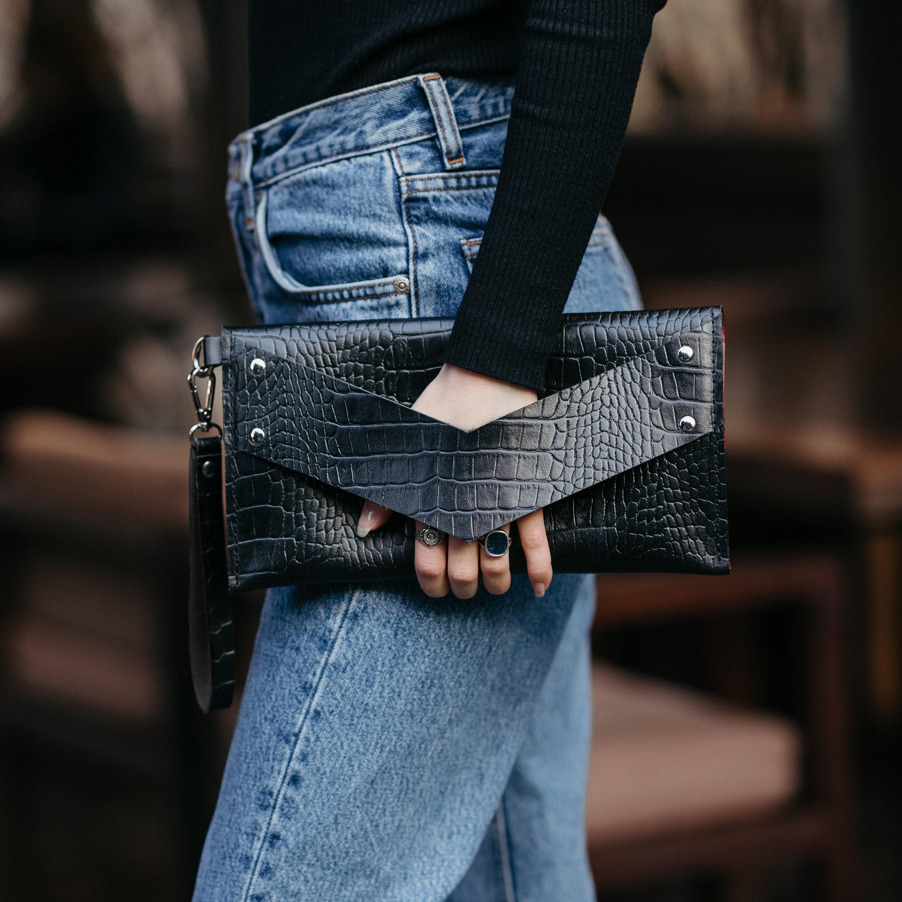 Black Envelope Clutch Bag With Handle, Leather Purse, Bridesmaid