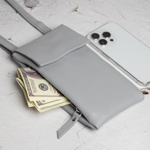 Capa de couro cinza crossbody para iPhone, compartimento para cartão, alça de cordão, capa de telefone personalizada, bolsa carteira para telefone