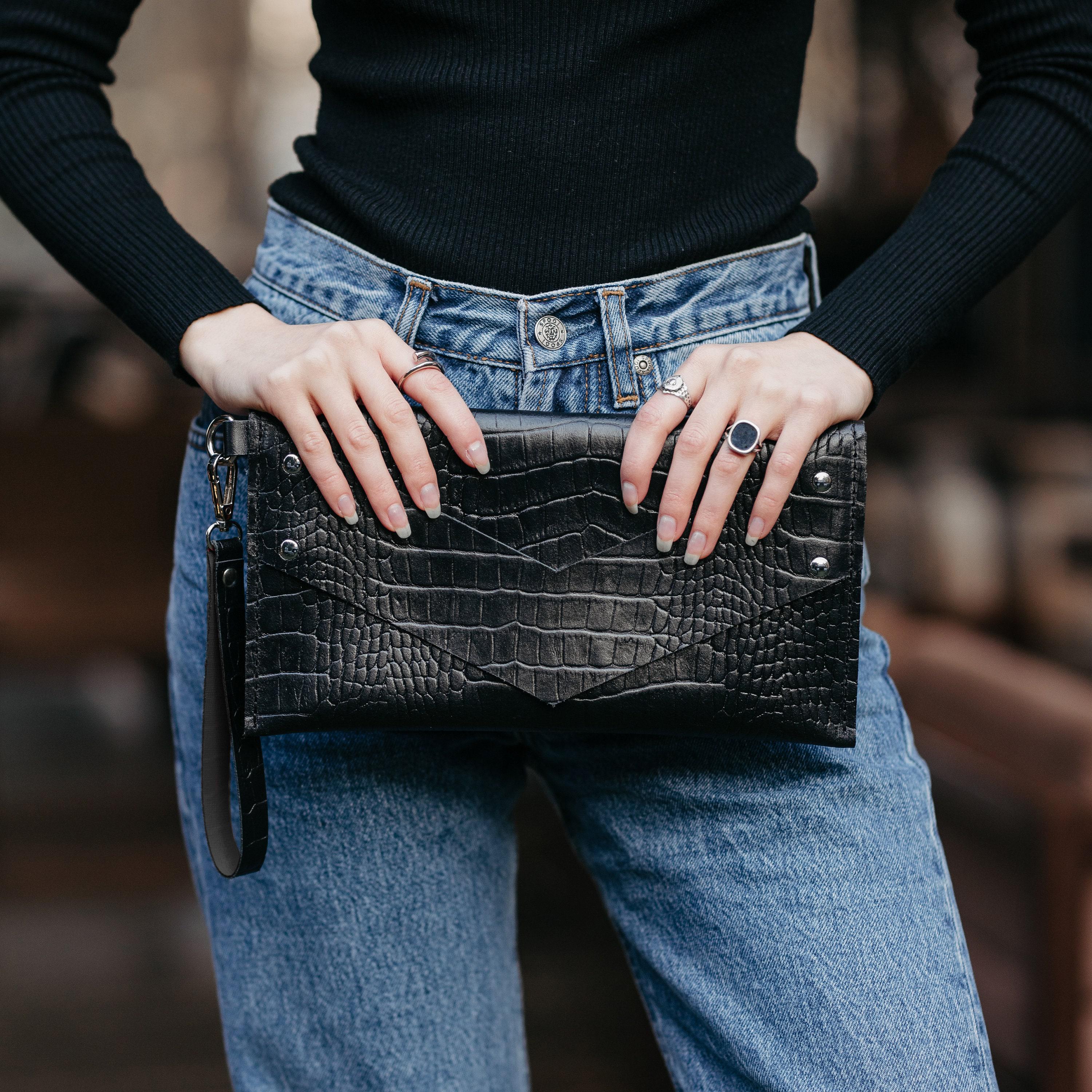 Black Envelope Clutch Bag With Handle, Leather Purse, Bridesmaid