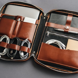 Leren herenorganizer, op maat gemaakte zakelijke portfolio, cognackleurige koordhouder, kabel- en laptoptas, damescadeau, Vaderdag
