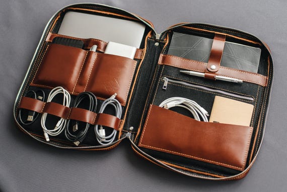 Mens leather organizer, custom business portfolio, cognac cord holder, cable & laptop case, Women gift, Back to school