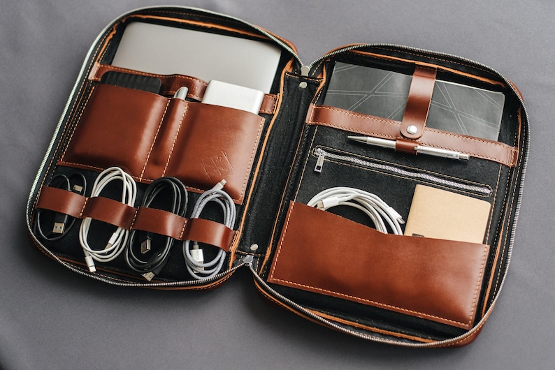 Mens leather organizer, custom business portfolio, cognac cord holder, cable & laptop case, Women gift, Back to school image 1