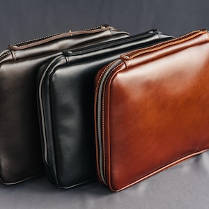 Mens leather organizer, custom business portfolio, cognac cord holder, cable & laptop case, Women gift, Back to school image 6