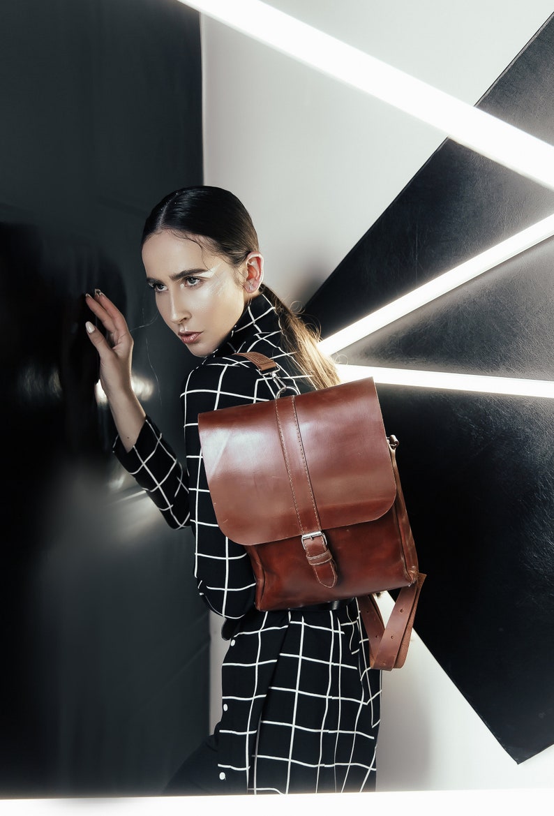 Leather Backpack for Women Student Brown Tan Messenger Bag | Etsy