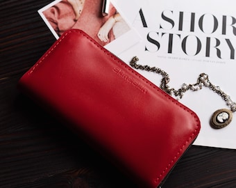 Cartera roja con cremallera para mujer, cartera de viaje larga, tarjetero, monedero, monedero personalizado.