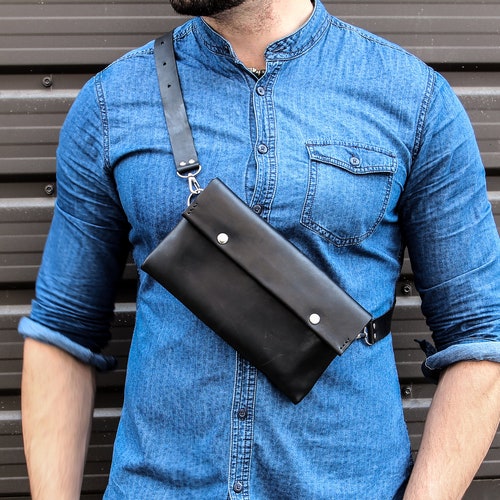 Men Leather Bag Black Crossbody Purse Waist Belt Bag Travel Etsy