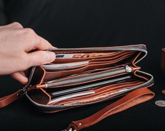 Portefeuille de voyage d'affaires, pochette zippée personnalisée, porte-monnaie en cuir cognac gravé, organiseur de téléphone portable pour passeport