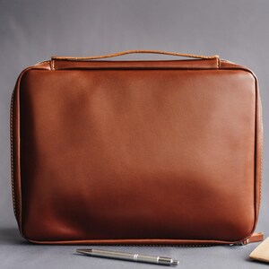 Mens leather organizer, custom business portfolio, cognac cord holder, cable & laptop case, Women gift, Back to school image 3