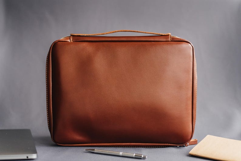 Mens leather organizer, custom business portfolio, cognac cord holder, cable & laptop case, Women gift, Back to school image 3