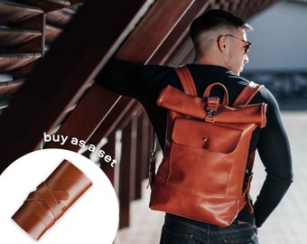 Roll Top Leather Backpack, Cognac Men's Bag, Handmade Leather Roll top Backpack, Leather Rucksack, Personalised Leather Laptop Backpack