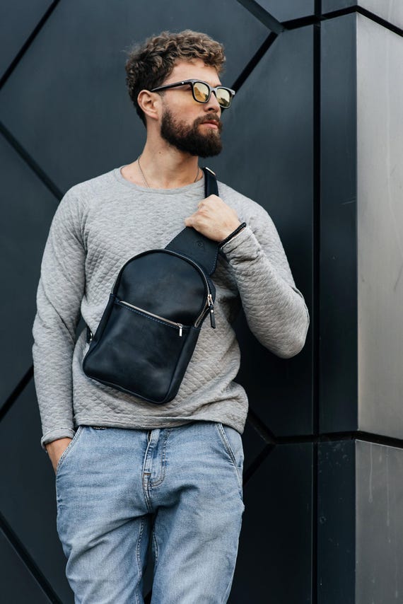 Men Leather Bag, Black Sling Bag, Small Travel Backpack Bag