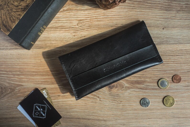 Cartera larga para tarjetas con bolsillo para monedas, bolsa de viaje personalizada para hombre, monedero negro con cremallera y asa, cartera de motociclista plegable, billetera delgada grabada imagen 3