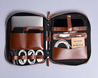 May include: A brown leather organizer case with a zipper closure, featuring multiple interior pockets, elastic loops for cables, pen holders, and a notebook with the text "THE FUTURE depends on WHAT YOU DO TODAY" printed on the cover.