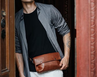 Bolso de mano de piel marrón, riñonera minimalista para hombre, bolso cruzado informal, bolso de cintura para pasear por la ciudad, regalo para mujer, regalo de Halloween