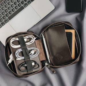Personalized Cord organizer leather charger storage, case for electronic accessories, custom cord organizer, men gift