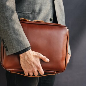 Mens leather organizer, custom business portfolio, cognac cord holder, cable & laptop case, Women gift, Back to school image 4